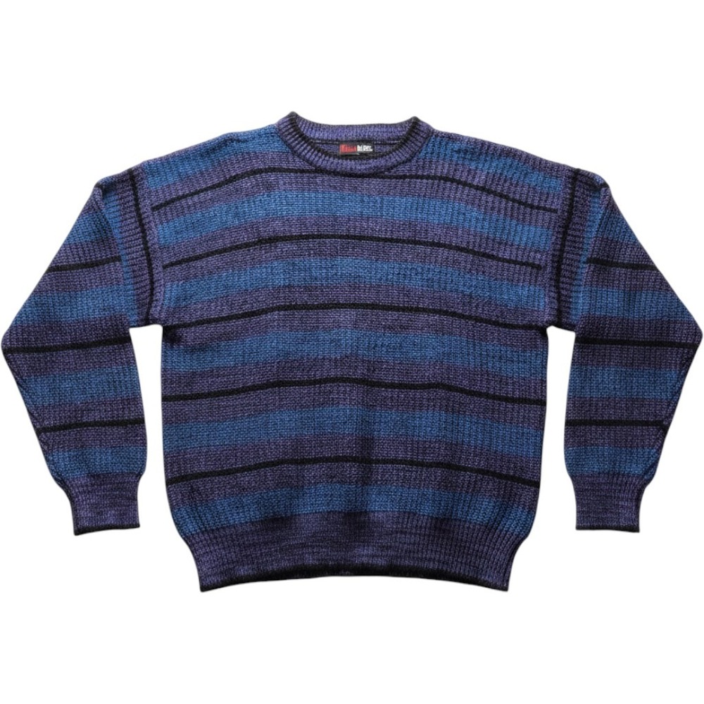 Vintage Todays News Sweater Mens 2XL Purple Blue Stripe Knit Crewneck Pullover